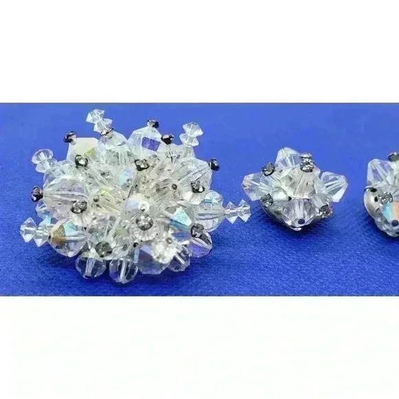Vintage Brooch Earrings AB Prism Clear Faceted & Rhinestone Head Pins 50s Glam - Picture 3 of 9